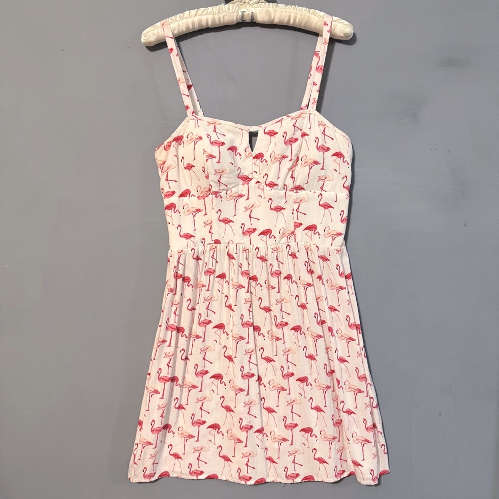 AUW Pink Flamingo Print Dress Sweetheart Large Padded Smocked Sleeveless White
